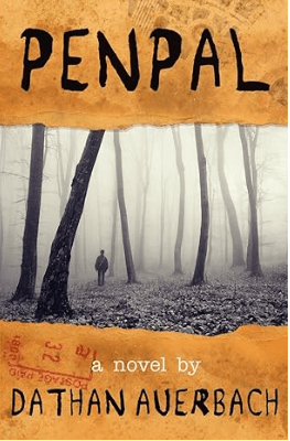 Penpal book cover image with a top and bottom border the color of a manila envelope, featuring a black and white image of a man in a foggy forest.