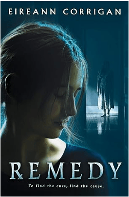 Remedy book cover. Text on the front says "To find the cure, find the cause." The image is under low light and features a lot of blue. In the foreground, a teen girl's profile with her hair in her face and her eyes closed. In the background, a barefoot girl  in shadow wearing a long patterned dress stands on a tile floor. 