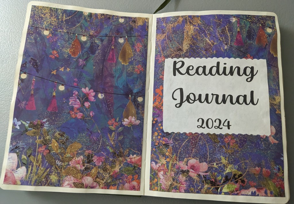 Open journal decorated with colorful paper with a floral pattern containing leaves, string lights and sparkles. Page reads: Reading Journal 2024